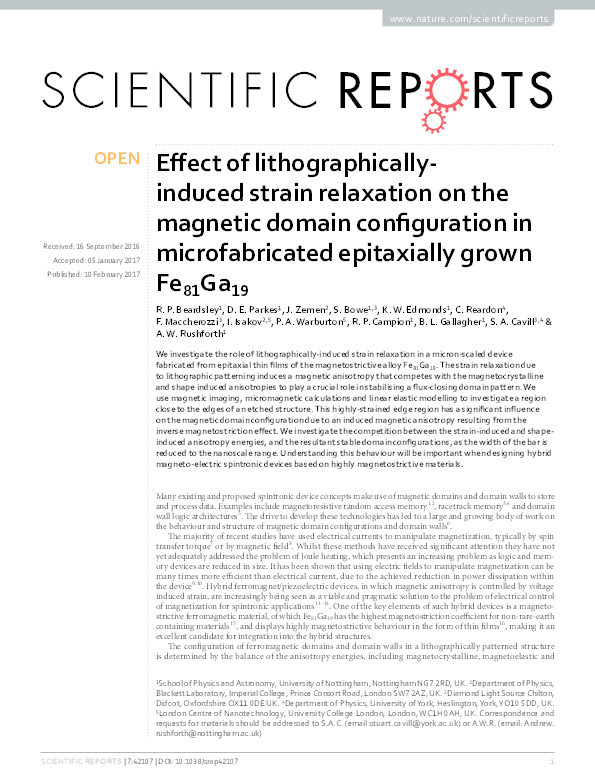 Effect of lithographically-induced strain relaxation on the magnetic domain configuration in microfabricated epitaxially grown Fe81Ga19 Thumbnail