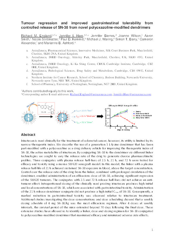 Tumour regression and improved gastrointestinal tolerability from controlled release of SN-38 from novel polyoxazoline-modified dendrimers Thumbnail