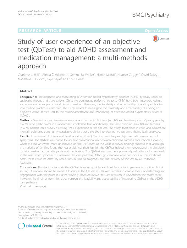 Study of user-experience of an objective test (QbTest) to aid ADHD assessment and medication management: a multi-methods approach Thumbnail