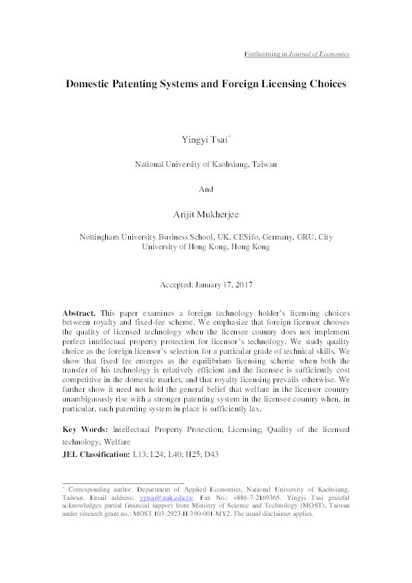 Domestic patenting systems and foreign licensing choices Thumbnail