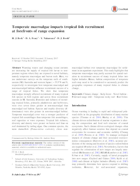 Temperate macroalgae impacts tropical fish recruitment at forefronts of range expansion Thumbnail