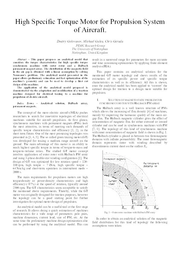 High specific torque motor for propulsion system of aircraft Thumbnail