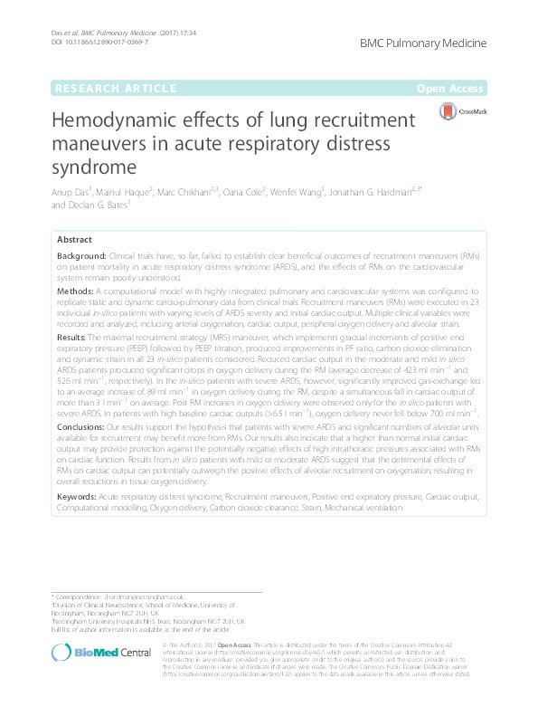 Hemodynamic effects of lung recruitment maneuvers in acute respiratory distress syndrome Thumbnail