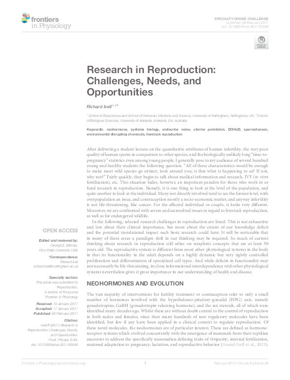 Research in reproduction: challenges, needs, and opportunities Thumbnail