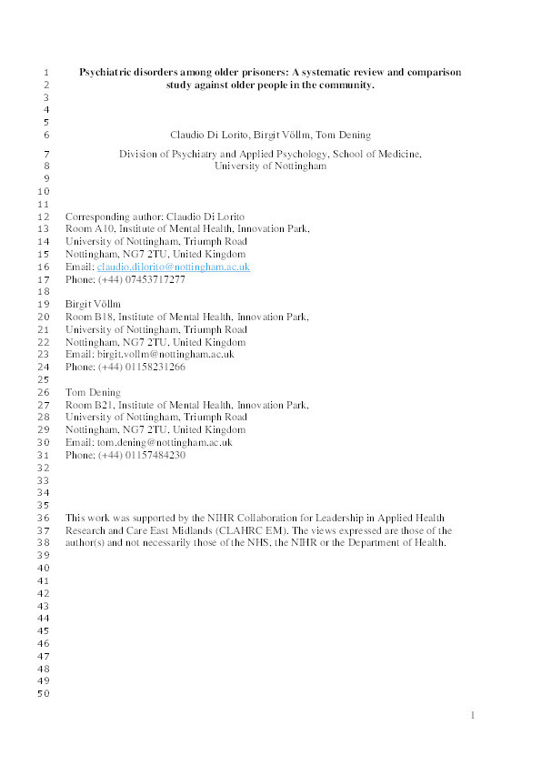 Psychiatric disorders among older prisoners: a systematic review and comparison study against older people in the community Thumbnail