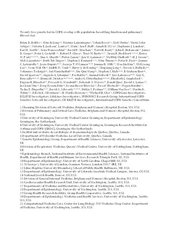 Genetic loci associated with chronic obstructive pulmonary disease overlap with loci for lung function and pulmonary fibrosis Thumbnail