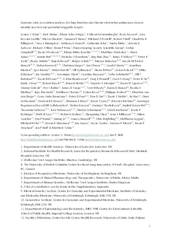 Genome-wide association analyses for lung function and chronic obstructive pulmonary disease identify new loci and potential druggable targets Thumbnail