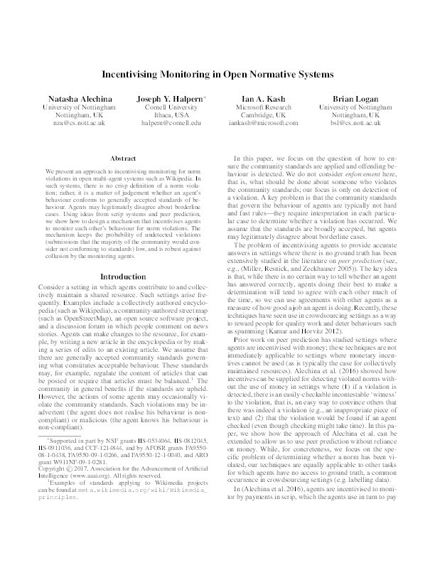 Incentivising monitoring in open normative systems Thumbnail