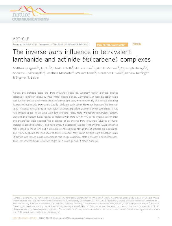 The inverse-trans-influence in tetravalent lanthanide and actinide bis(carbene) complexes Thumbnail