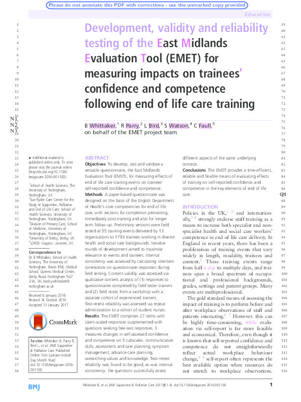 Development, validity and reliability testing of the East Midlands Evaluation Tool (EMET) for measuring impacts on trainees’ confidence and competence following end of life care training Thumbnail