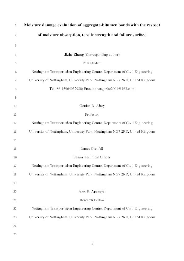 Moisture damage evaluation of aggregate–bitumen bonds with the respect of moisture absorption, tensile strength and failure surface Thumbnail