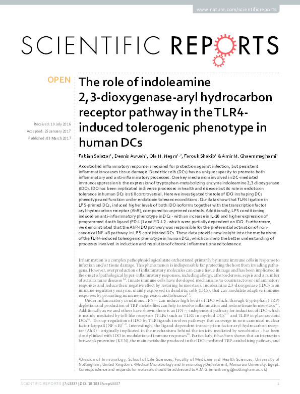 The role of indoleamine 2,3-dioxygenase-aryl hydrocarbon receptor pathway in the TLR4-induced tolerogenic phenotype in human DCs Thumbnail