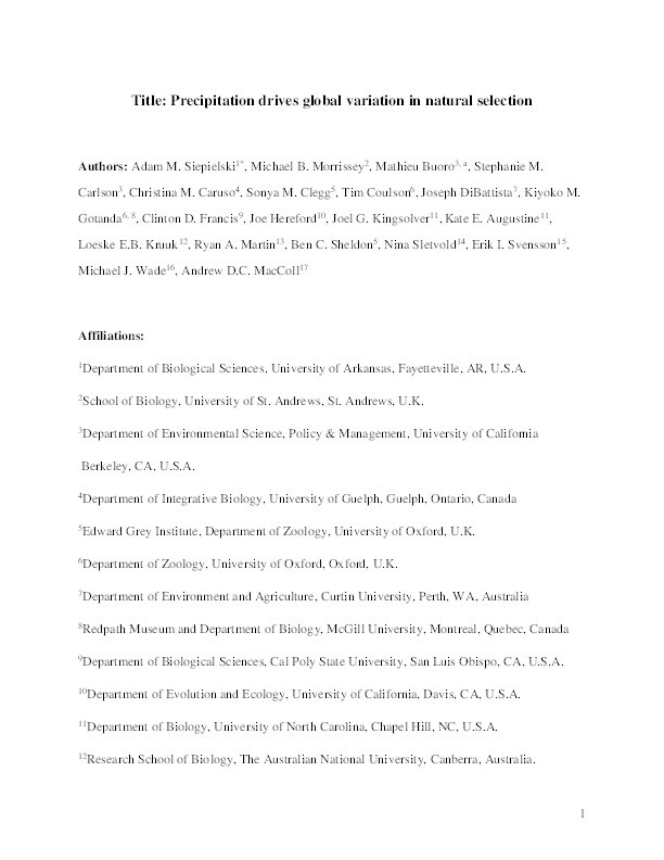 Precipitation drives global variation in natural selection Thumbnail