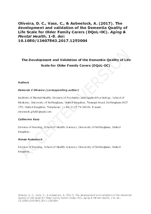 The development and validation of the Dementia Quality of Life Scale for Older Family Carers (DQoL-OC) Thumbnail