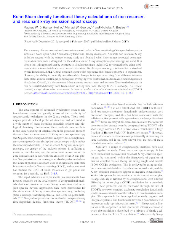 Kohn-Sham density functional theory calculations of non-resonant and resonant X-ray emission spectroscopy Thumbnail