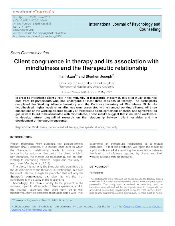 Client congruence in therapy and its association withmindfulness and the therapeutic relationship Thumbnail