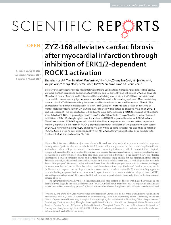 ZYZ-168 alleviates cardiac fibrosis after myocardial infarction through inhibition of ERK1/2-dependent ROCK1 activation Thumbnail