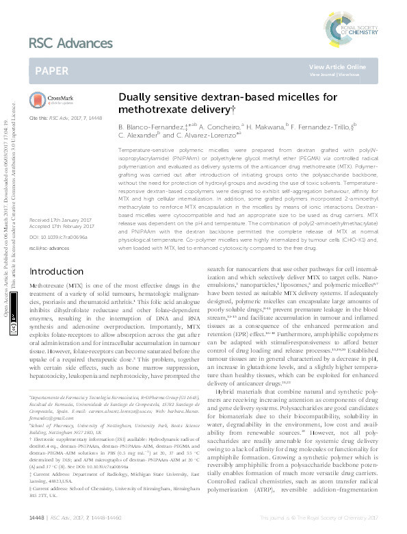 Dually sensitive dextran-based micelles for methotrexate delivery Thumbnail