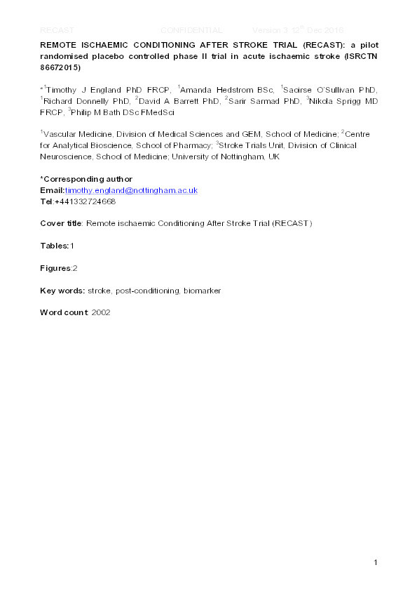 Remote Ischaemic Conditioning after Stroke Trial (RECAST): a pilot randomised placebo controlled phase II trial in acute ischaemic stroke (ISRCTN 86672015) Thumbnail