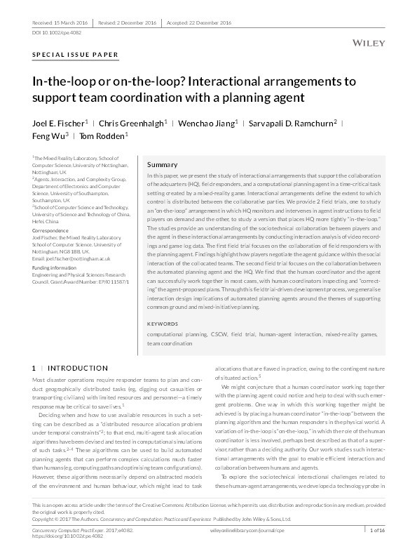 In-the-loop or on-the-loop? Interactional arrangements to support team coordination with a planning agent Thumbnail