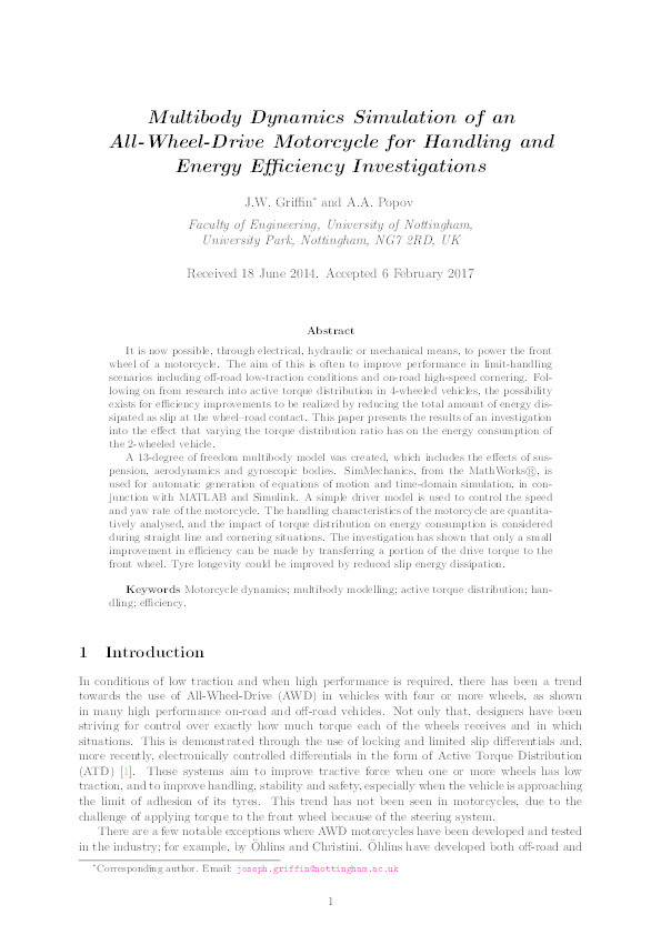 Multibody dynamics simulation of an all-wheel-drive motorcycle for handling and energy efficiency investigations Thumbnail