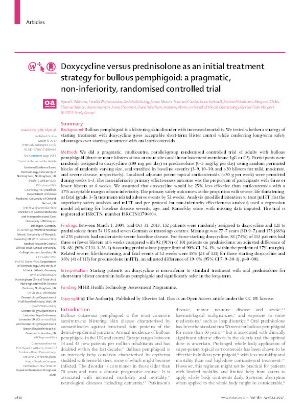 Doxycycline versus prednisolone as an initial treatment strategy for bullous pemphigoid: a pragmatic non-inferiority randomised controlled trial Thumbnail