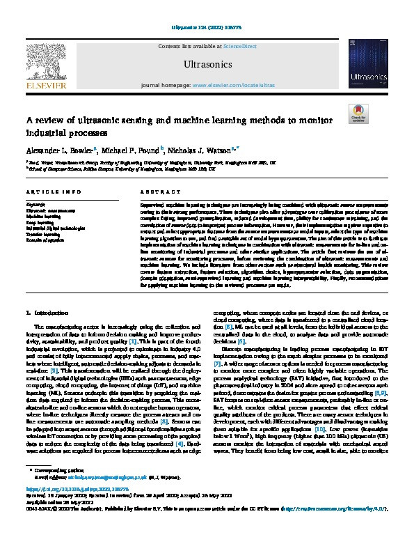 A review of ultrasonic sensing and machine learning methods to monitor industrial processes Thumbnail