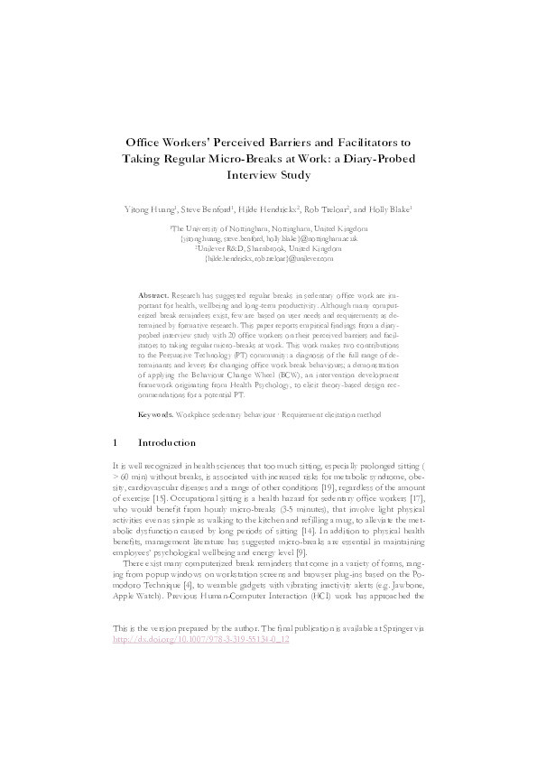 Office workers' perceived barriers and facilitators to taking regular micro-breaks at work: a diary-probed interview study Thumbnail