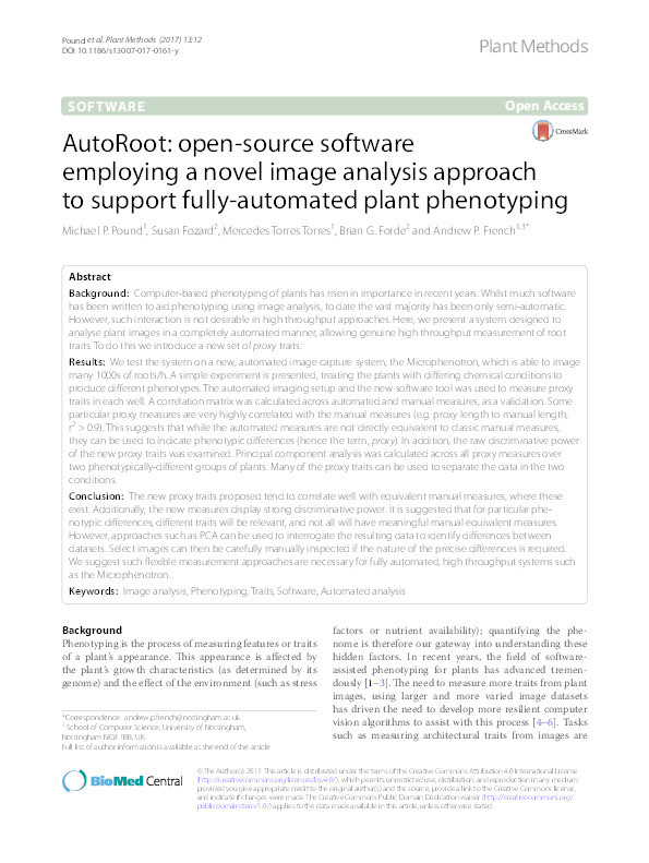 AutoRoot: open-source software employing a novel image analysis approach to support fully-automated plant phenotyping Thumbnail