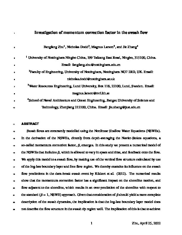 Investigation of Momentum Correction Factor in the Swash Flow Thumbnail