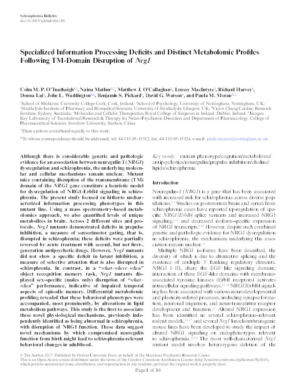 Specialised information processing deficits and distinct metabolomics profiles following TM-domain disruption of Nrg1 Thumbnail