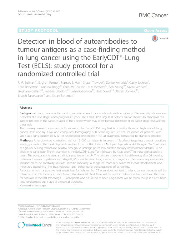 Detection in blood of autoantibodies to tumour antigens as a case-finding method in lung cancer using the EarlyCDT®-Lung Test (ECLS): study protocol for a randomized controlled trial Thumbnail
