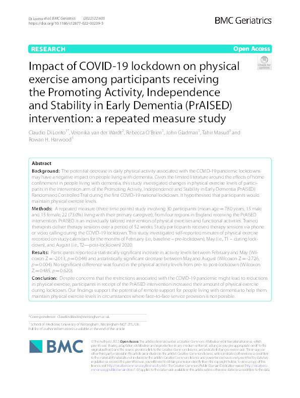 Impact of COVID-19 lockdown on physical exercise among participants receiving the Promoting Activity, Independence and Stability in Early Dementia (PrAISED) intervention: a repeated measure study Thumbnail