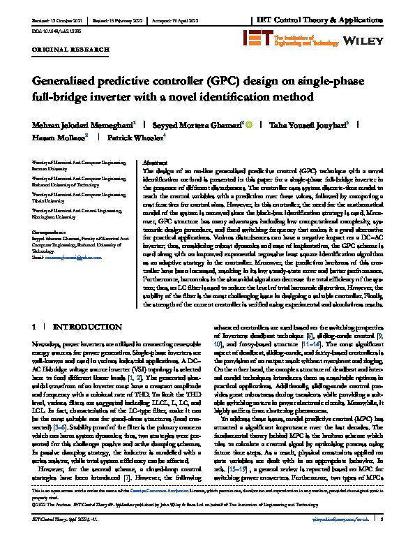 Generalised predictive controller (GPC) design on single‐phase full‐bridge inverter with a novel identification method Thumbnail