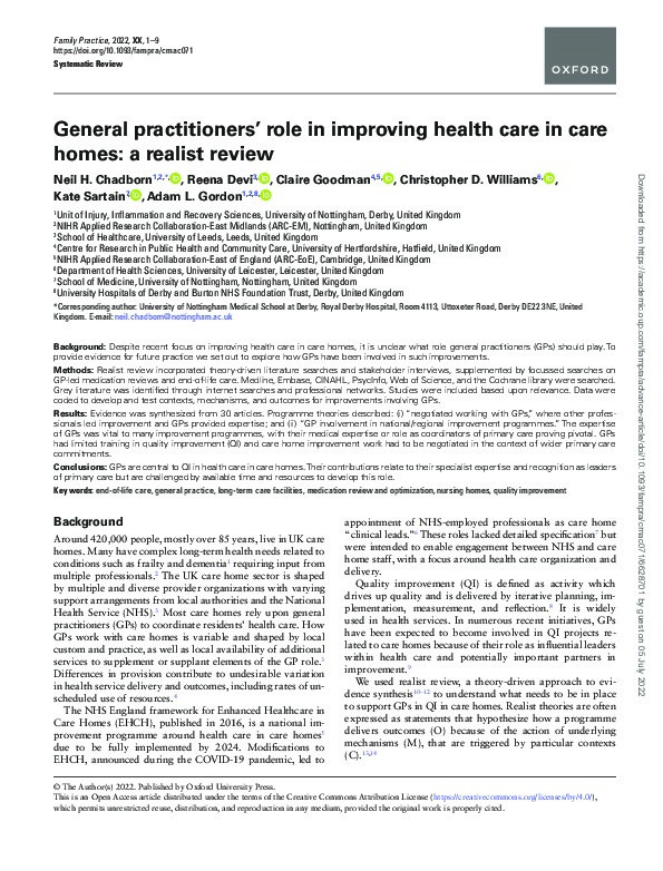General practitioners' role in improving health care in care homes: a realist review Thumbnail