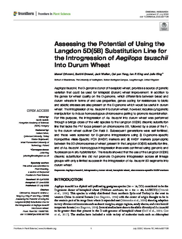 Assessing the potential of using the Langdon 5D(5B) substitution line for the introgression of Aegilops tauschii into durum wheat Thumbnail