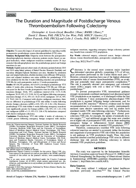 The Duration and Magnitude of Postdischarge Venous Thromboembolism Following Colectomy Thumbnail