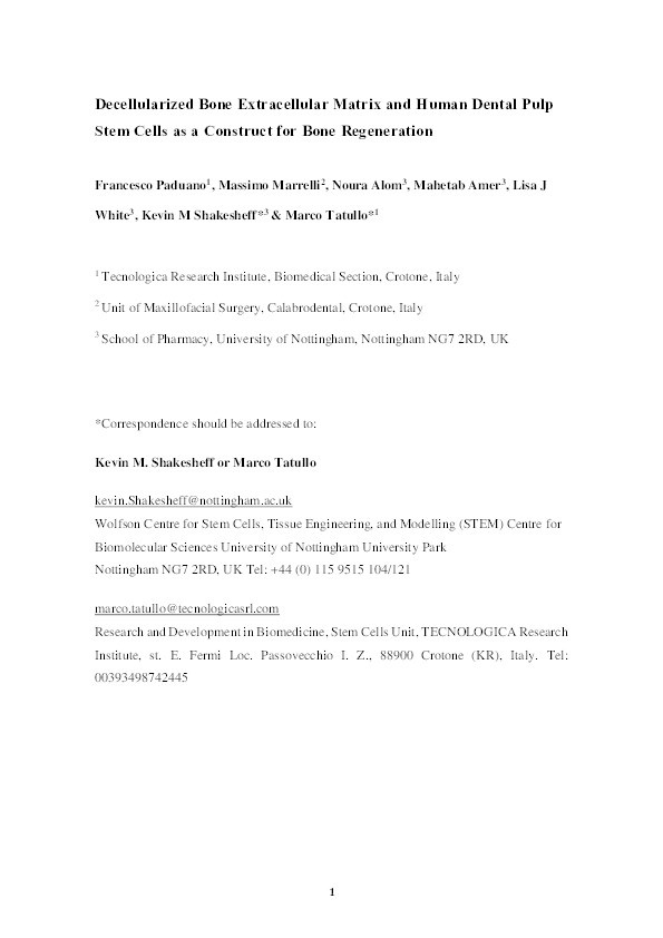 Decellularized bone extracellular matrix and human dental pulp stem cells as a construct for bone regeneration Thumbnail