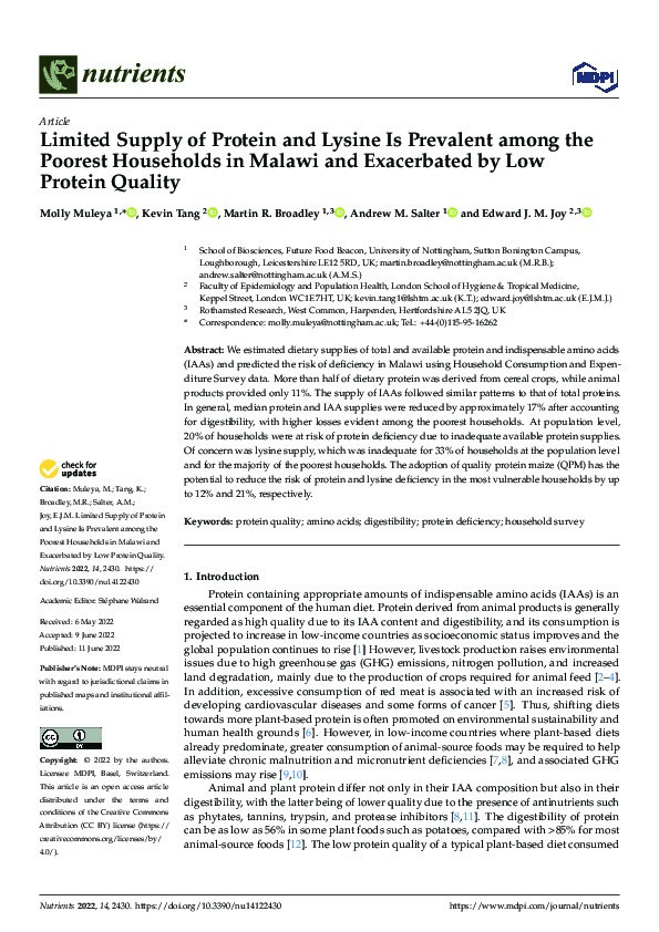 Limited Supply of Protein and Lysine Is Prevalent among the Poorest Households in Malawi and Exacerbated by Low Protein Quality Thumbnail