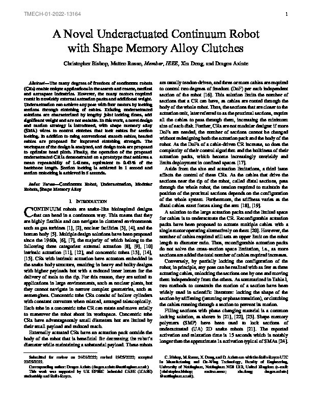 A Novel Underactuated Continuum Robot With Shape Memory Alloy Clutches Thumbnail