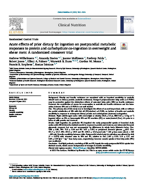 Acute effects of prior dietary fat ingestion on postprandial metabolic responses to protein and carbohydrate co-ingestion in overweight and obese men: A randomised crossover trial Thumbnail