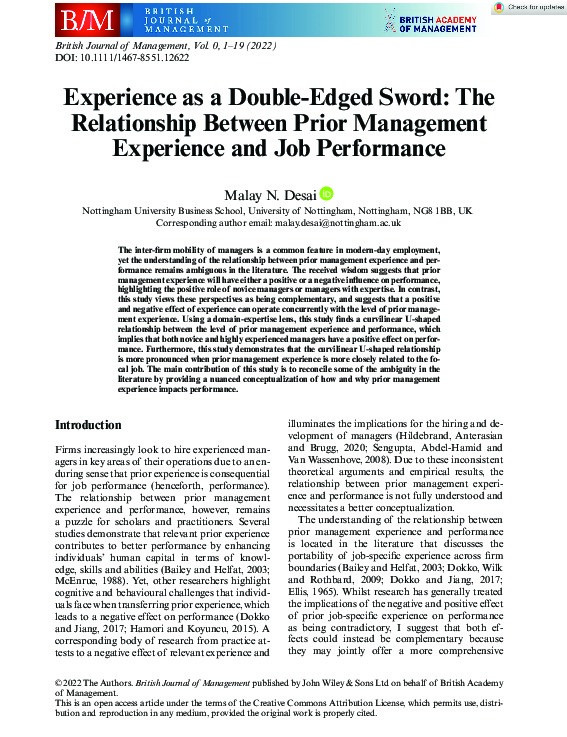 Experience as a Double-Edged Sword: The Relationship Between Prior Management Experience and Job Performance Thumbnail