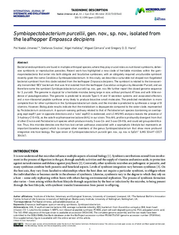 Symbiopectobacterium purcellii, gen. nov., sp. nov., isolated from the leafhopper Empoasca decipiens Thumbnail