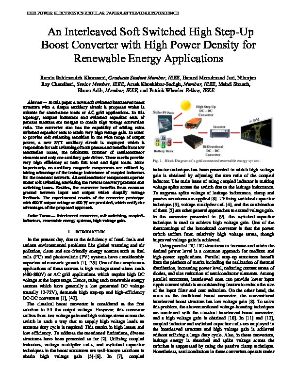 An Interleaved Soft Switched High Step-Up Boost Converter With High Power Density for Renewable Energy Applications Thumbnail