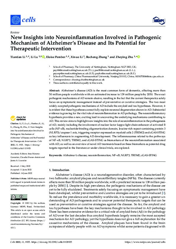 New Insights into Neuroinflammation Involved in Pathogenic Mechanism of Alzheimer’s Disease and Its Potential for Therapeutic Intervention Thumbnail