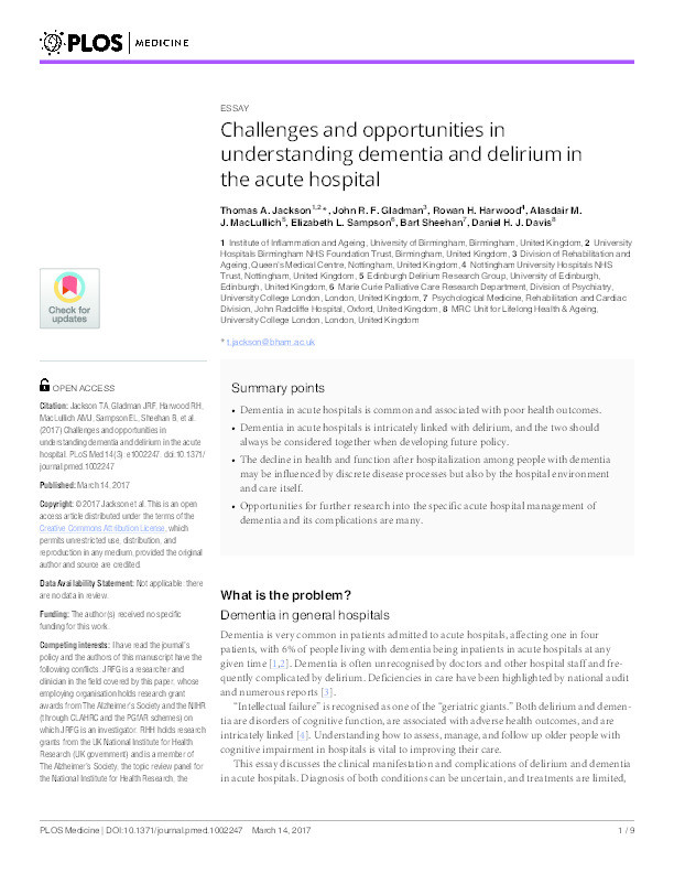 Challenges and opportunities in understanding dementia and delirium in the acute hospital Thumbnail