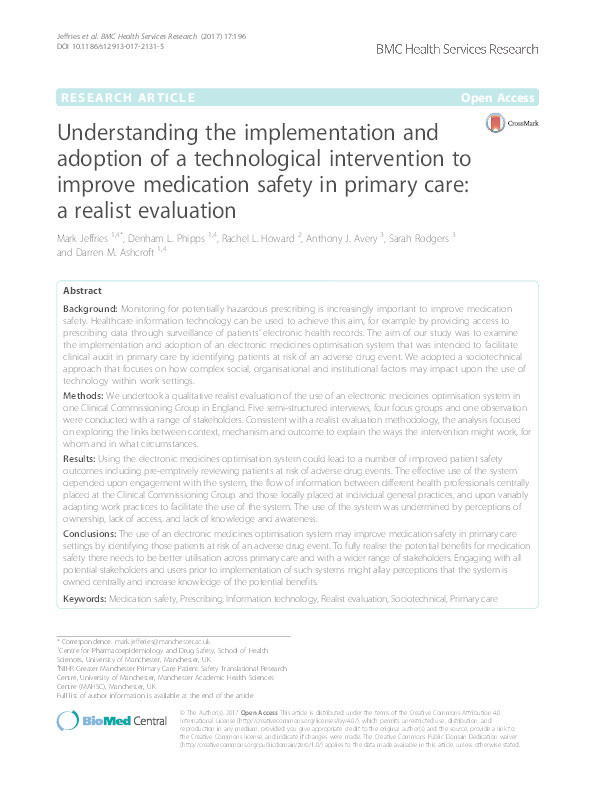 Understanding the implementation and adoption of a technological intervention to improve medication safety in primary care: a realist evaluation Thumbnail