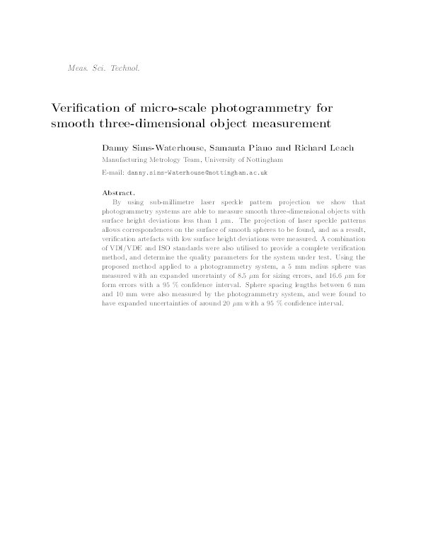 Verification of micro-scale photogrammetry for smooth three-dimensional object measurement Thumbnail