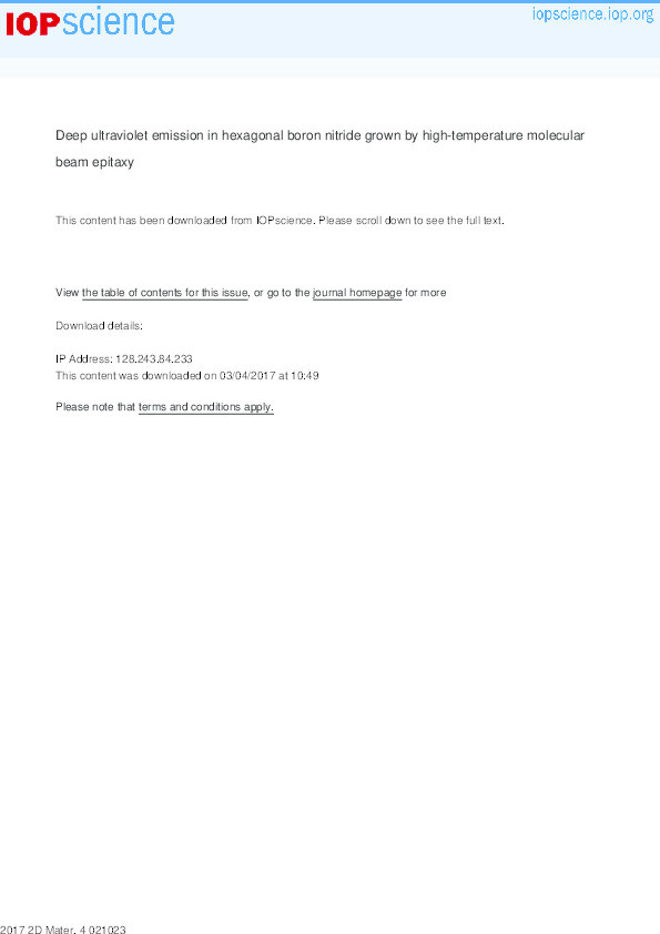 Deep ultraviolet emission in hexagonal boron nitride grown by high-temperature molecular beam epitaxy Thumbnail