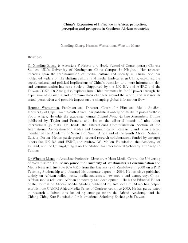 China's expanding influence in Africa: projection, perception and prospects in Southern African countries Thumbnail